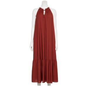 Nine West Tiered Peasant Maxi halter Dress medium rust burnt orange resortwear